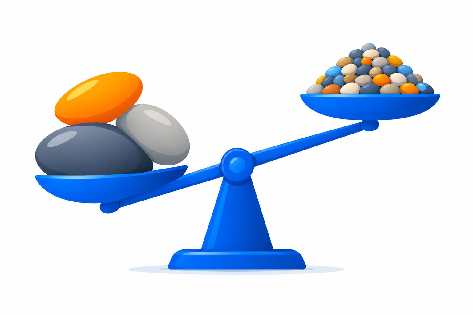A balance scale tipped down toward three large stones, with a heap of small pebbles lifted high on the other side.