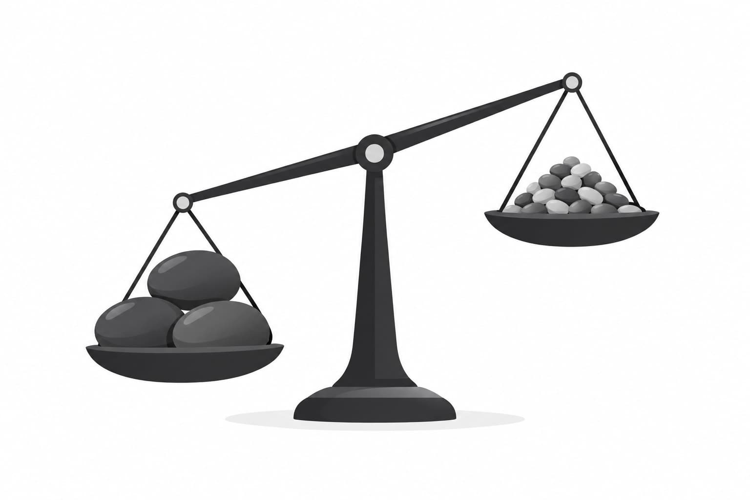 A balance scale tipped down toward three large stones, with a heap of small pebbles lifted high on the other side.