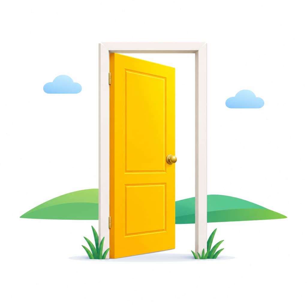 A front door standing alone in an open field, with no house behind it.