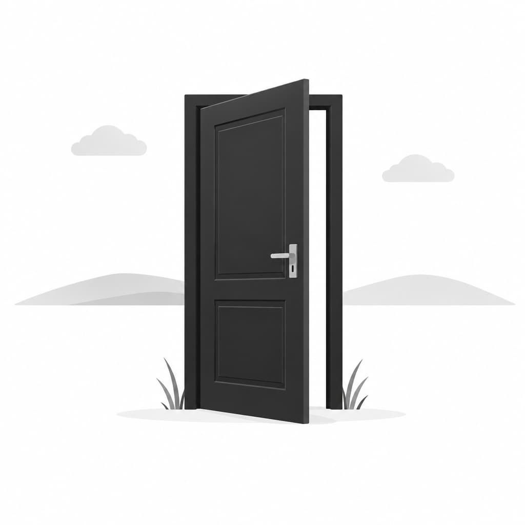 A front door standing alone in an open field, with no house behind it.