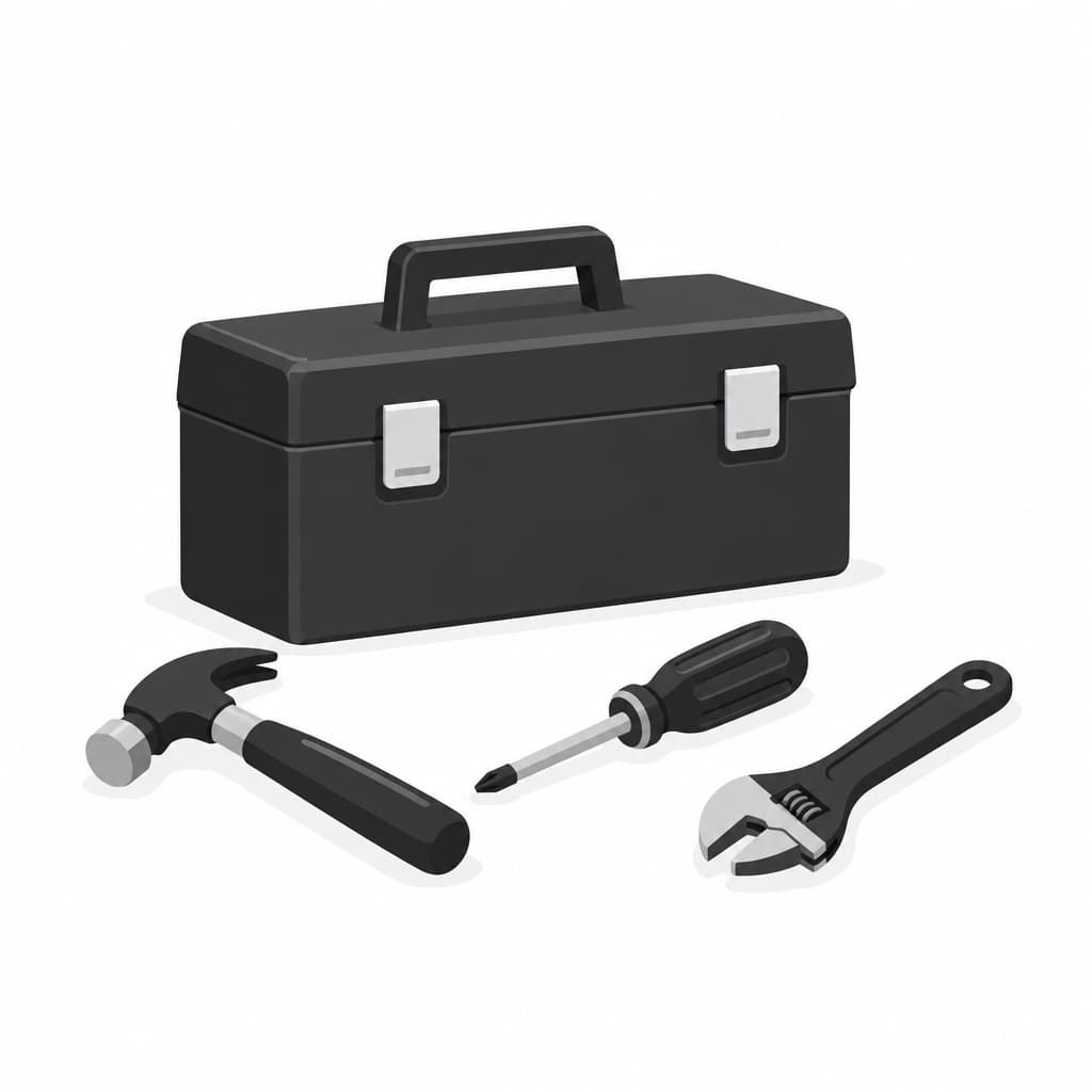 A toolbox with three tools lifted out and set beside it.