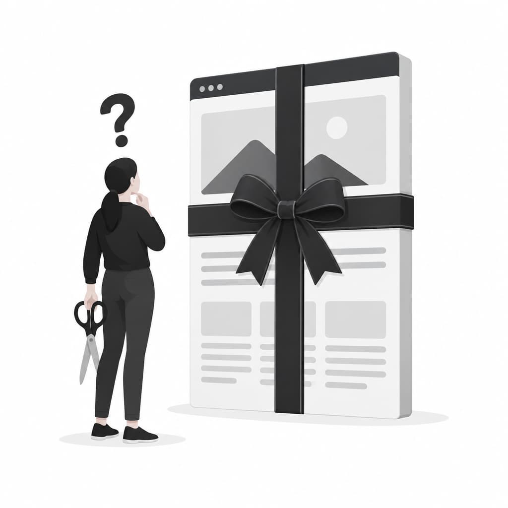 A website as a physical object wrapped in a big bow, and a person with scissors wondering whether to cut it.
